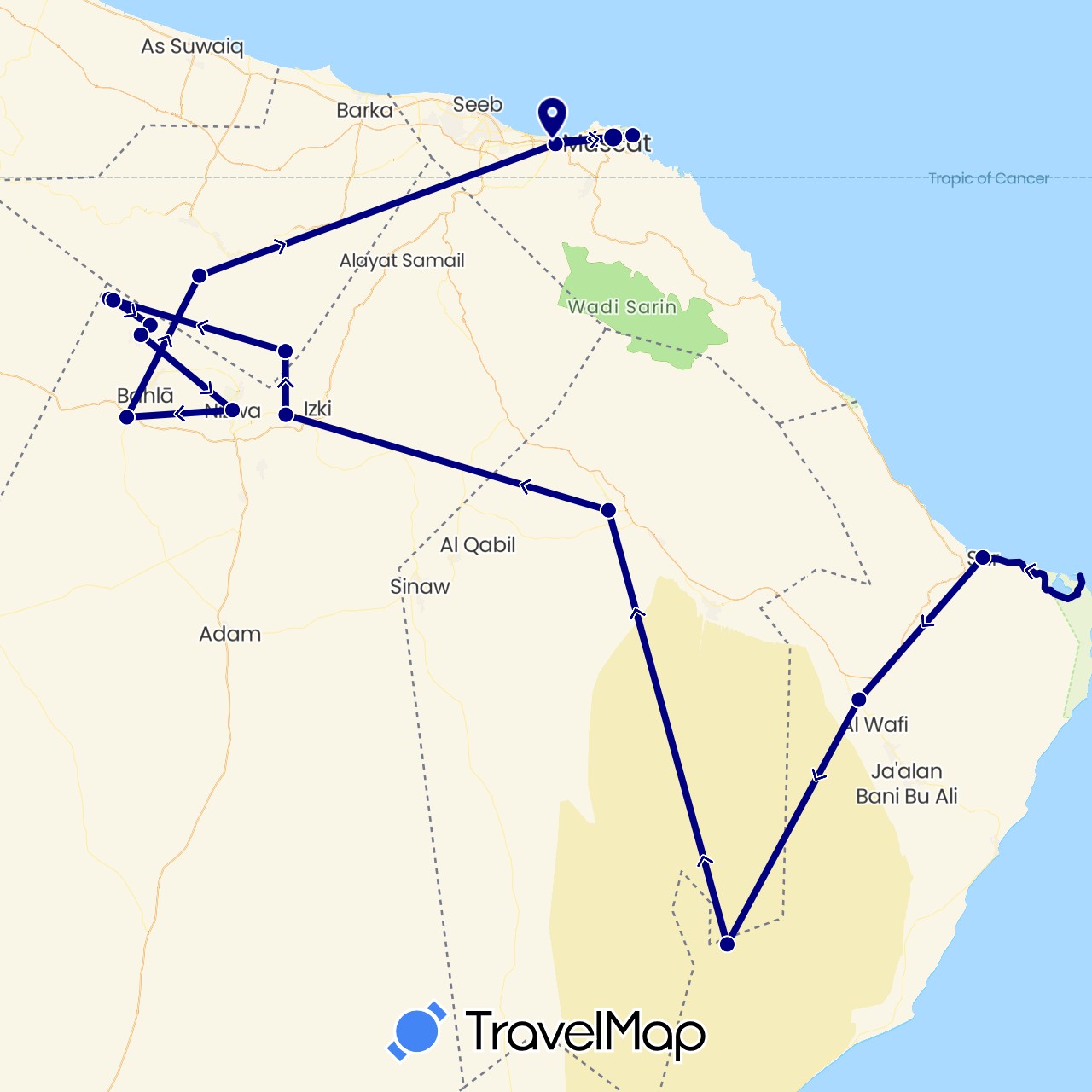 TravelMap itinerary: driving in Oman (Asia)