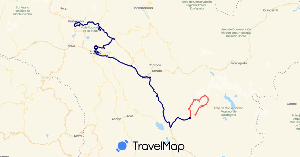 TravelMap itinerary: driving, hiking in Peru (South America)