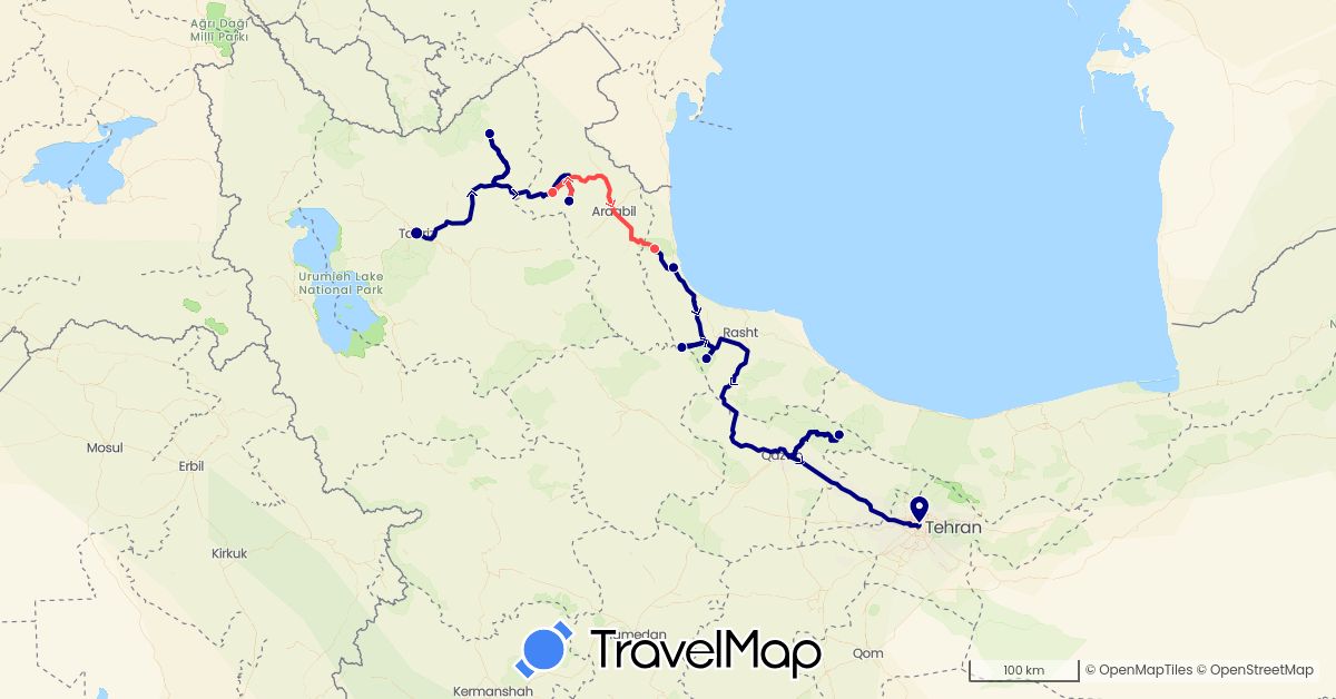 TravelMap itinerary: driving, hiking in Iran (Asia)