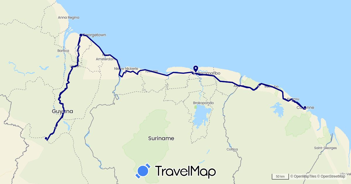 TravelMap itinerary: driving in France, Guyana, Suriname (Europe, South America)