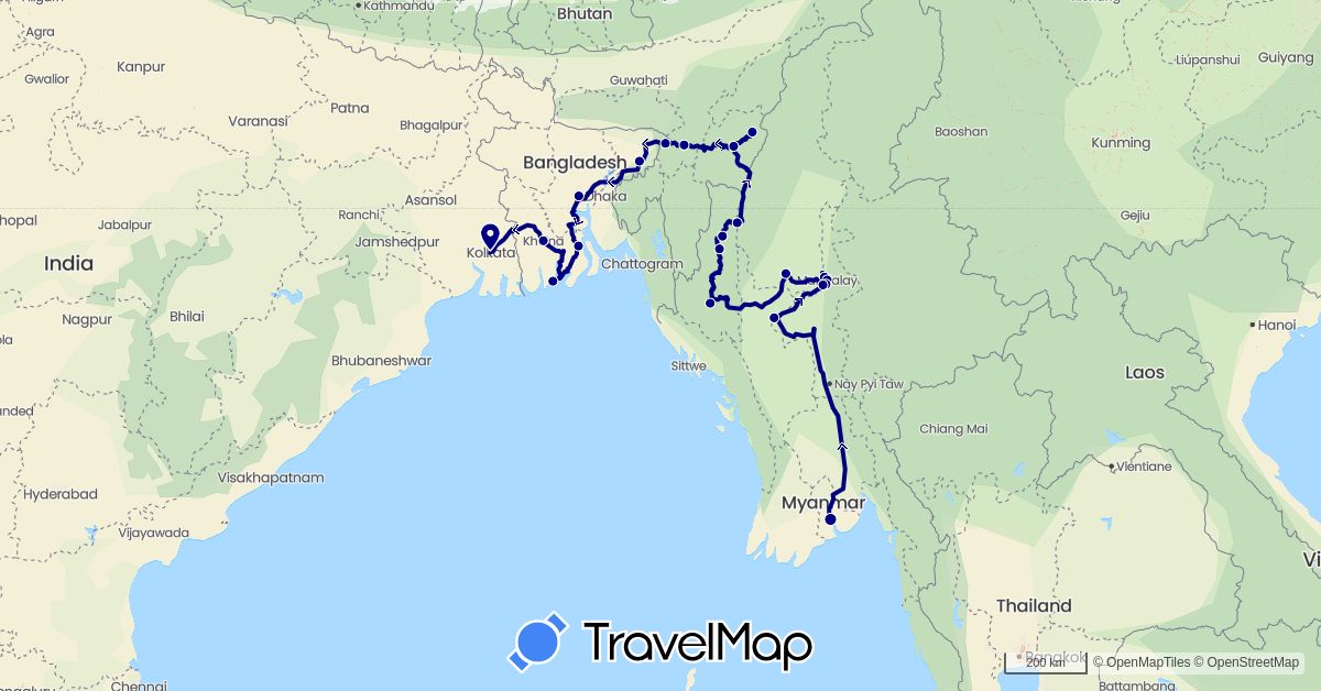 TravelMap itinerary: driving in Bangladesh, India, Myanmar (Burma) (Asia)