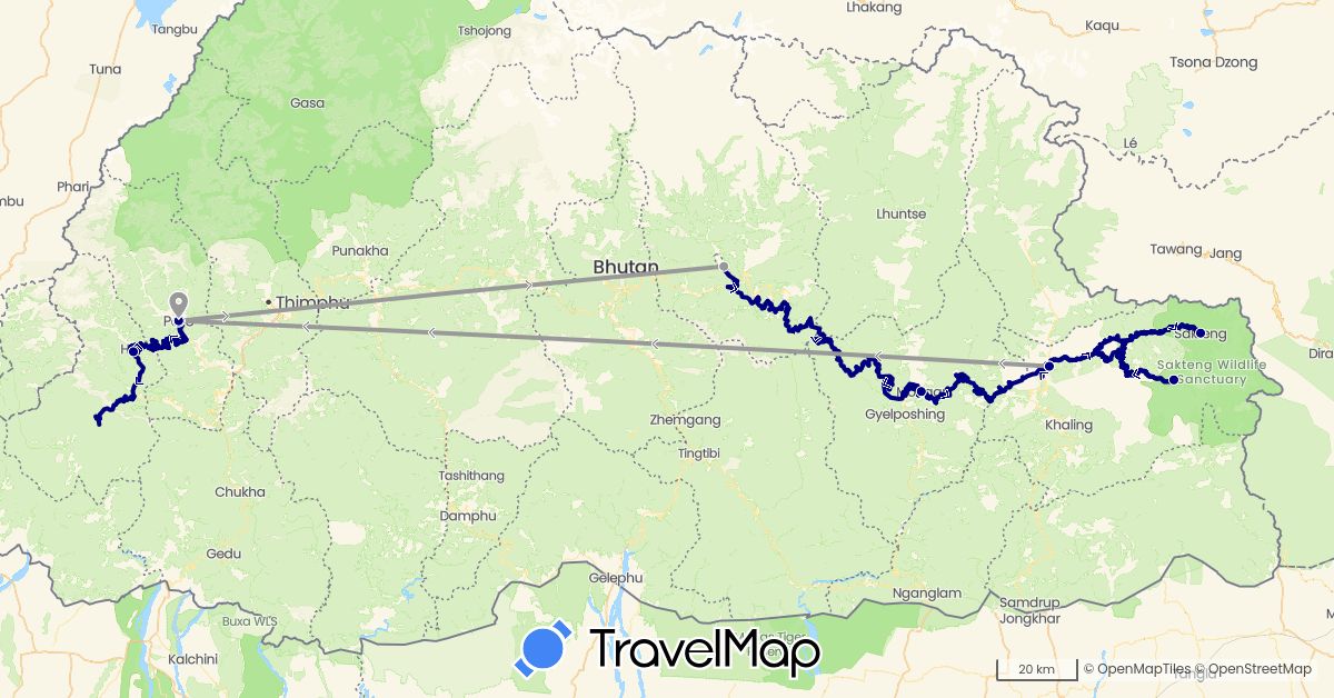 TravelMap itinerary: driving, plane in Bhutan (Asia)