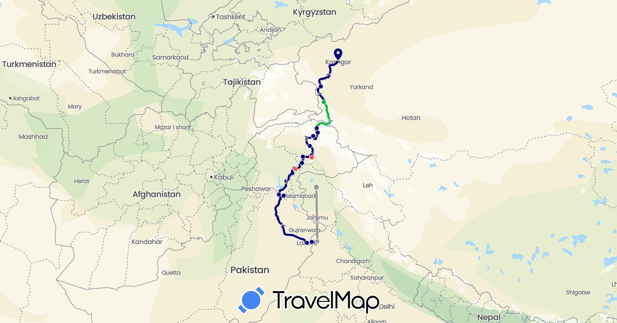 TravelMap itinerary: driving, bus, plane, hiking in China, India, Pakistan (Asia)
