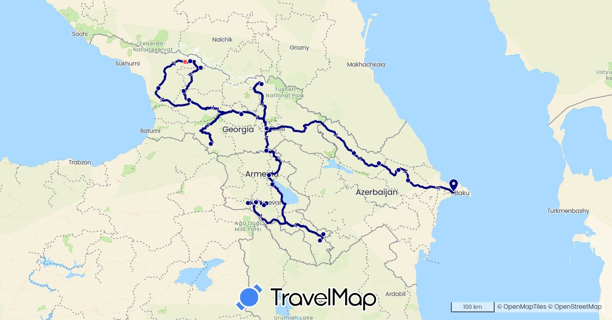 TravelMap itinerary: driving, hiking in Armenia, Azerbaijan, Georgia (Asia)