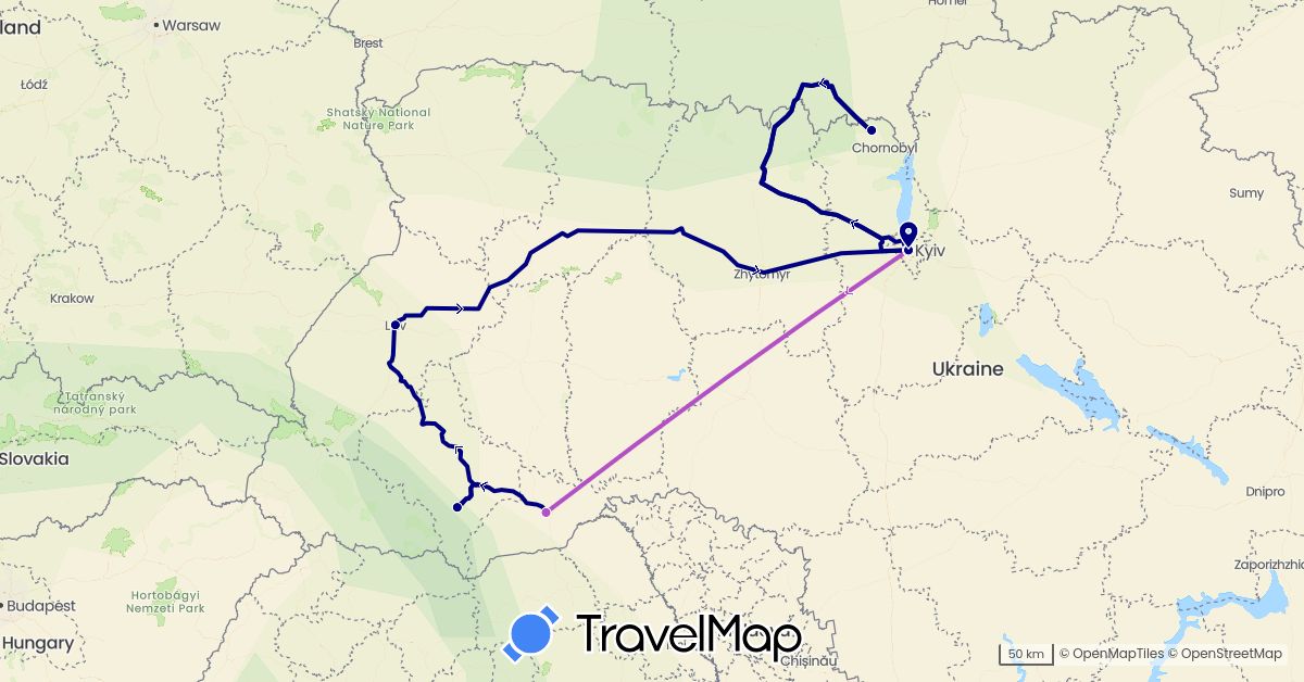 TravelMap itinerary: driving, train in Ukraine (Europe)