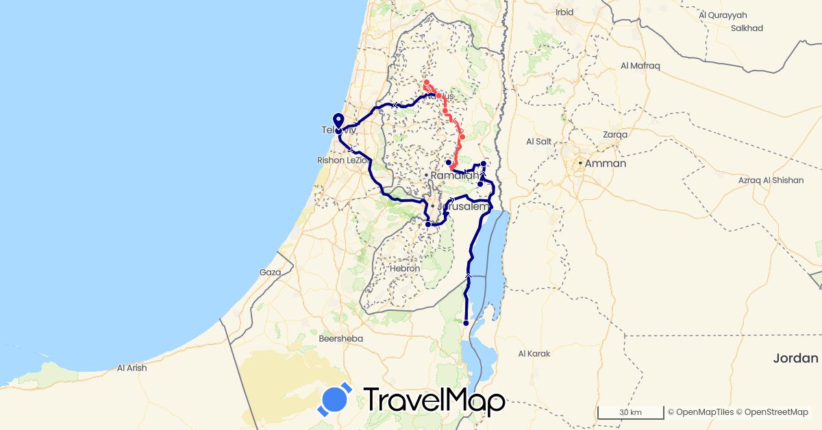 TravelMap itinerary: driving, hiking in Israel, Palestinian Territories (Asia)
