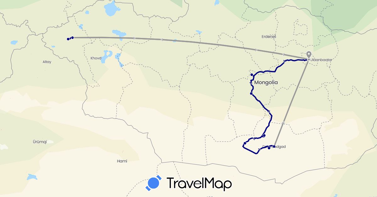 TravelMap itinerary: driving, plane in Mongolia (Asia)