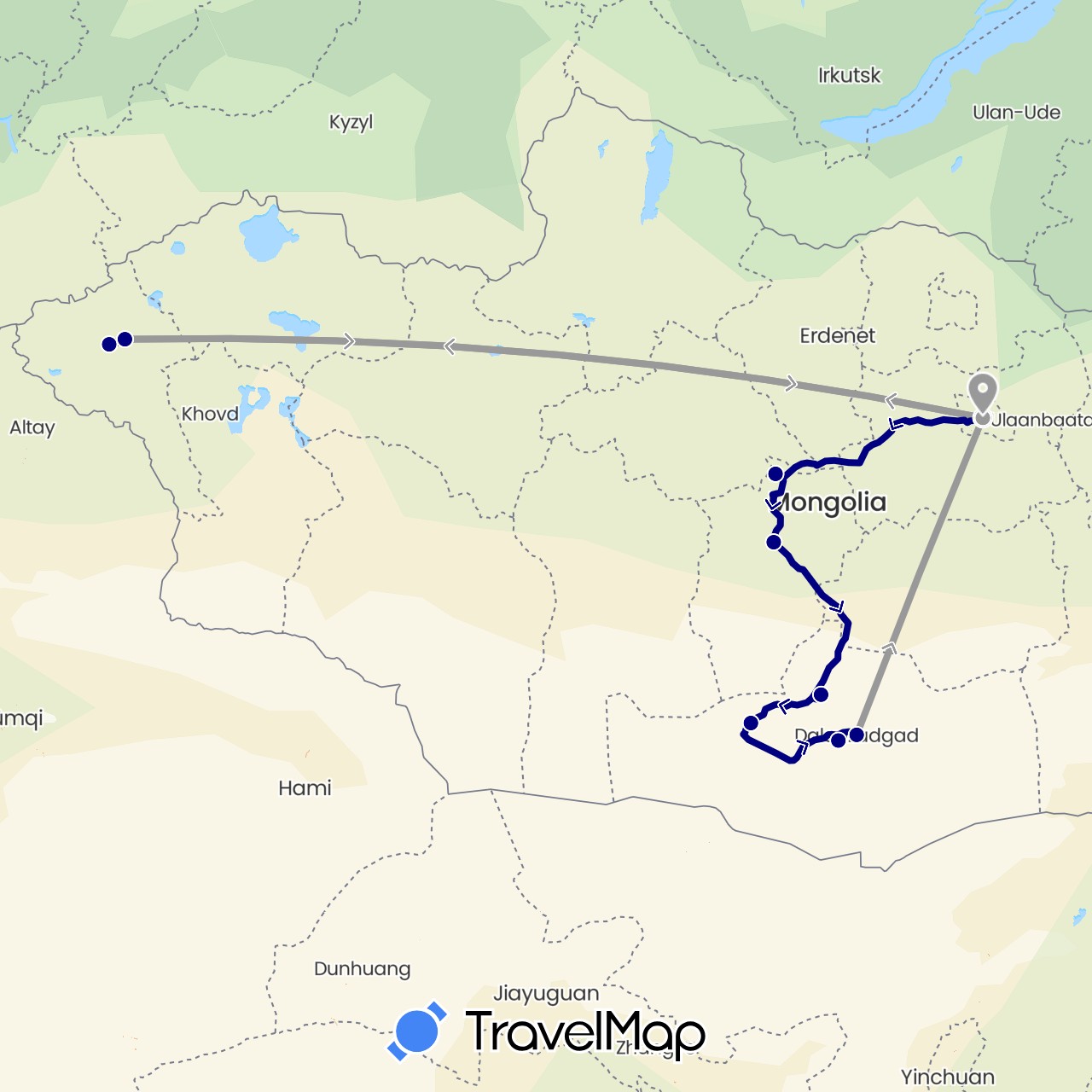 TravelMap itinerary: driving, plane in Mongolia (Asia)