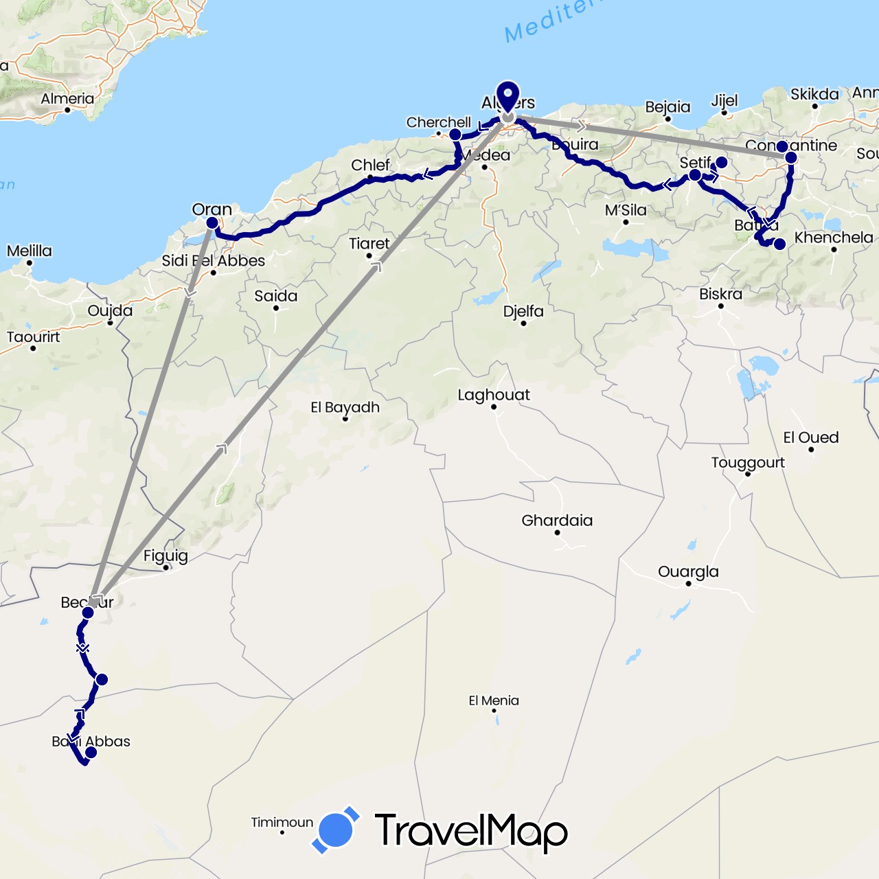 TravelMap itinerary: driving, plane in Algeria (Africa)