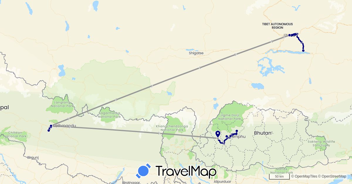TravelMap itinerary: driving, plane in Bhutan, China, Nepal (Asia)