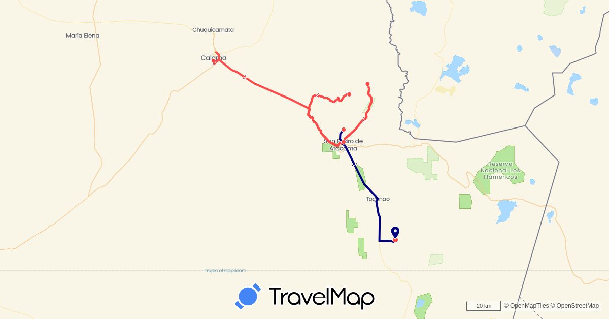 TravelMap itinerary: driving, hiking in Chile (South America)