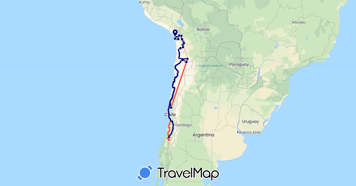 TravelMap itinerary: driving, hiking in Chile (South America)