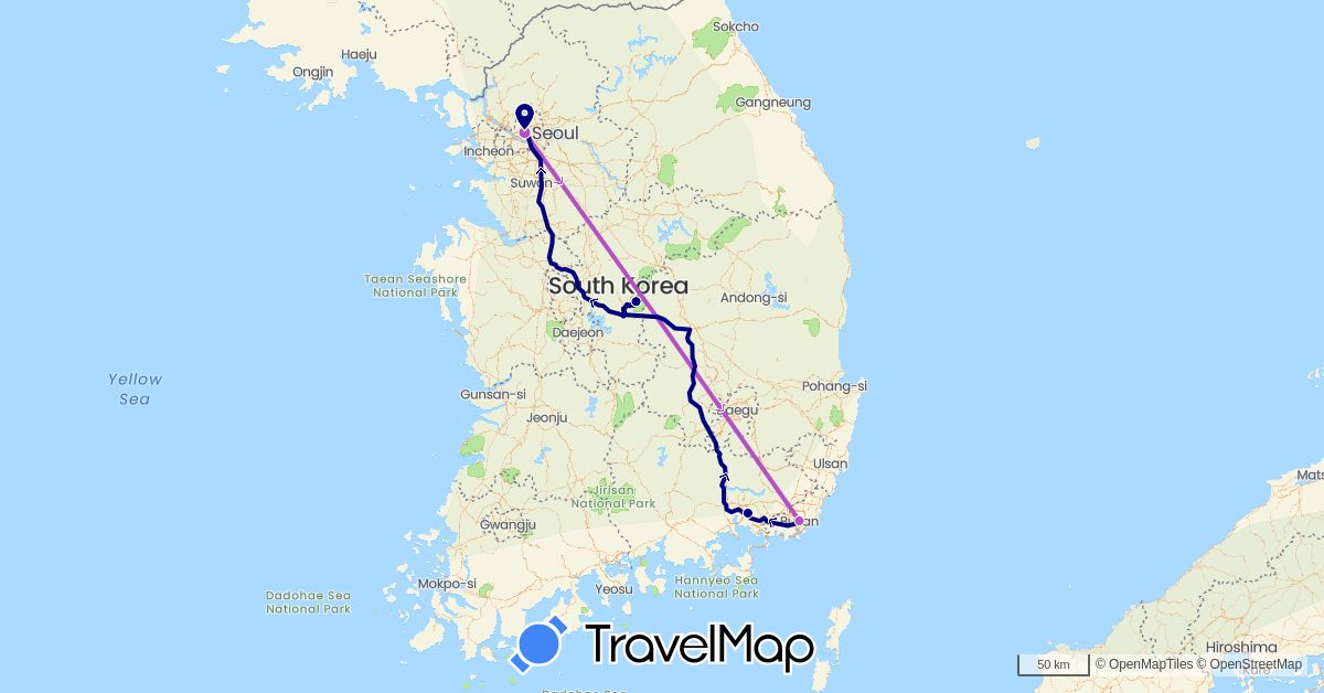 TravelMap itinerary: driving, train in South Korea (Asia)