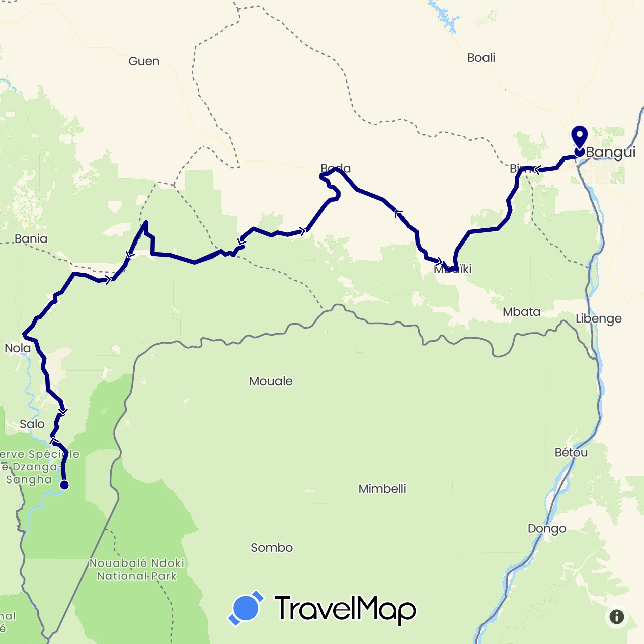 TravelMap itinerary: driving in Central African Republic (Africa)