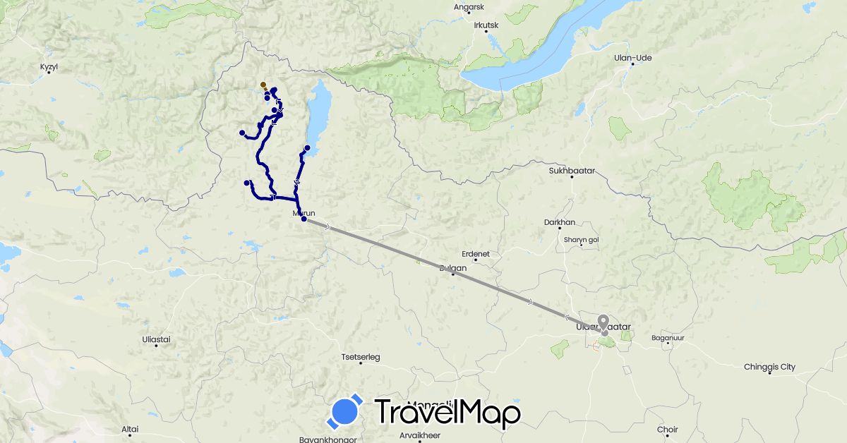 TravelMap itinerary: driving, plane, horseback in Mongolia (Asia)