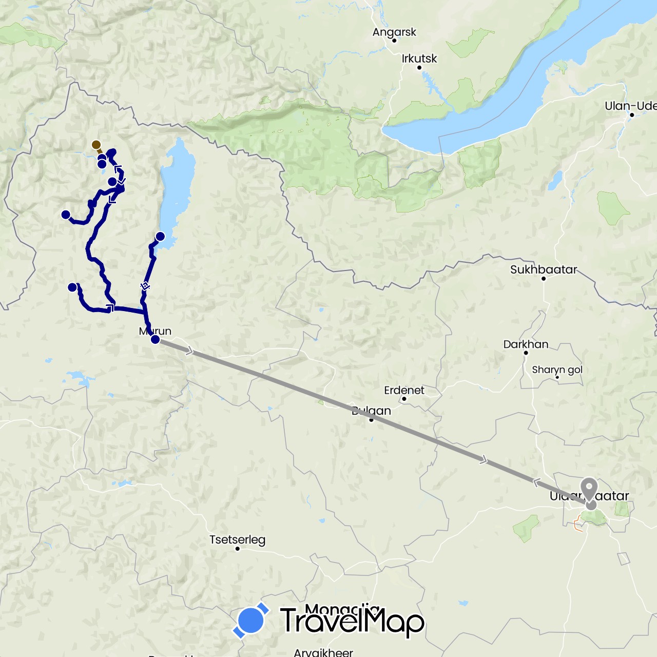 TravelMap itinerary: driving, plane, horseback in Mongolia (Asia)