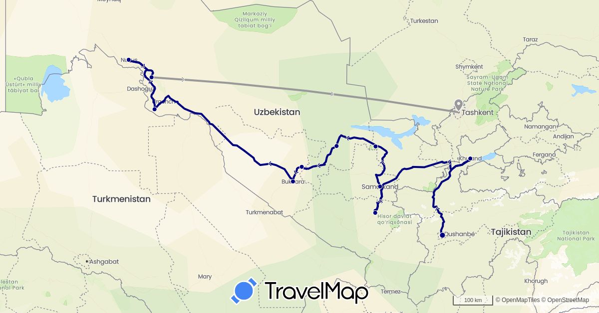 TravelMap itinerary: driving, plane in Tajikistan, Uzbekistan (Asia)