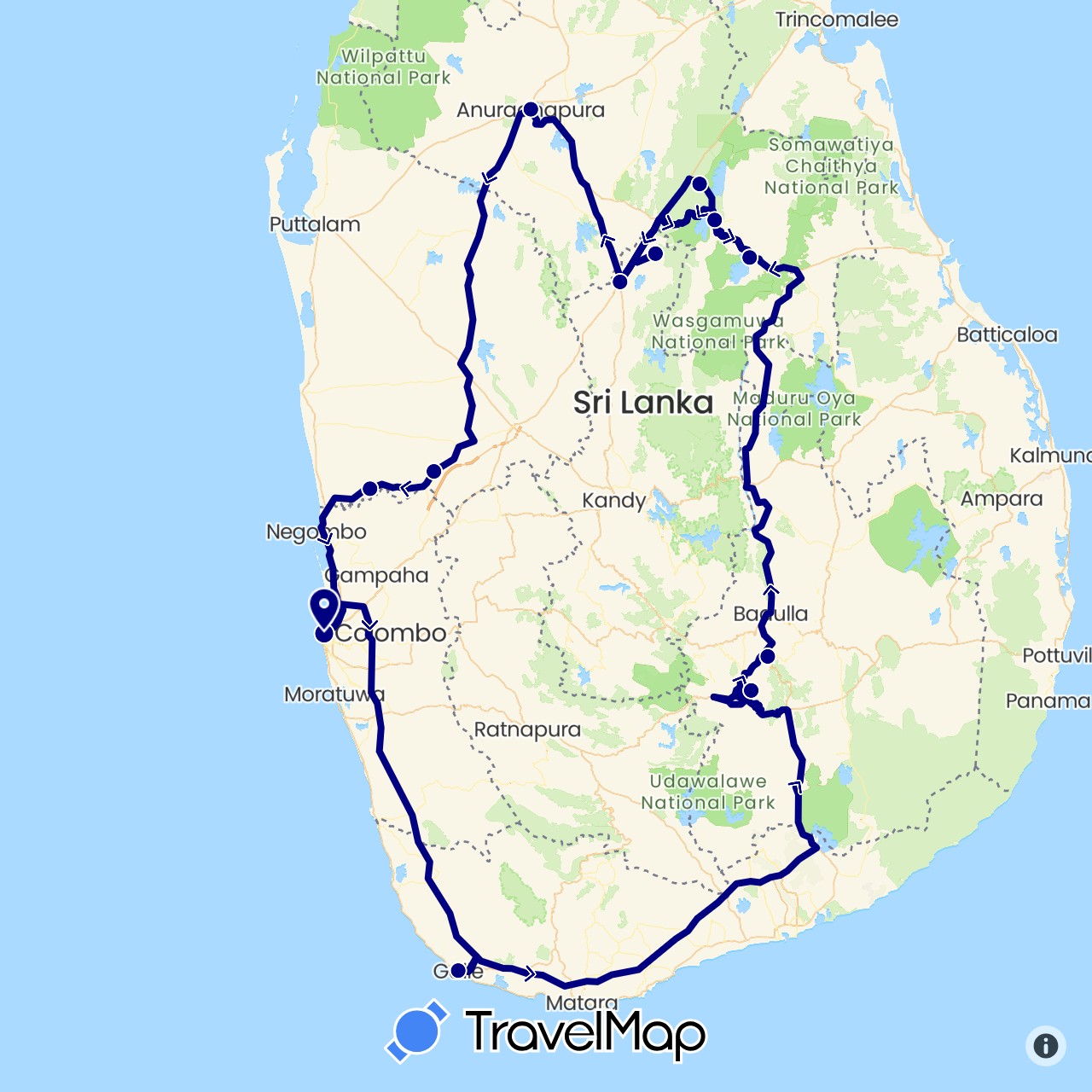 TravelMap itinerary: driving in Sri Lanka (Asia)