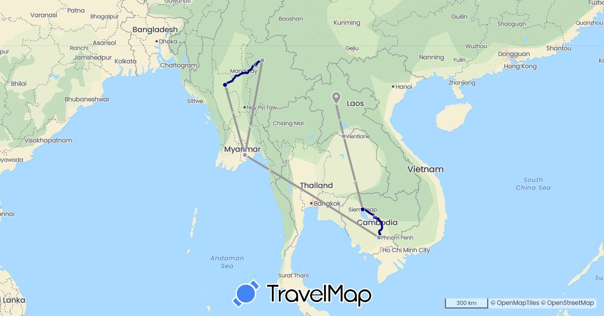 TravelMap itinerary: driving, plane in Cambodia, Laos, Myanmar (Burma) (Asia)