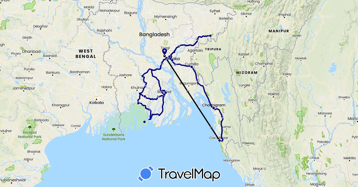 TravelMap itinerary: driving, flight in Bangladesh (Asia)