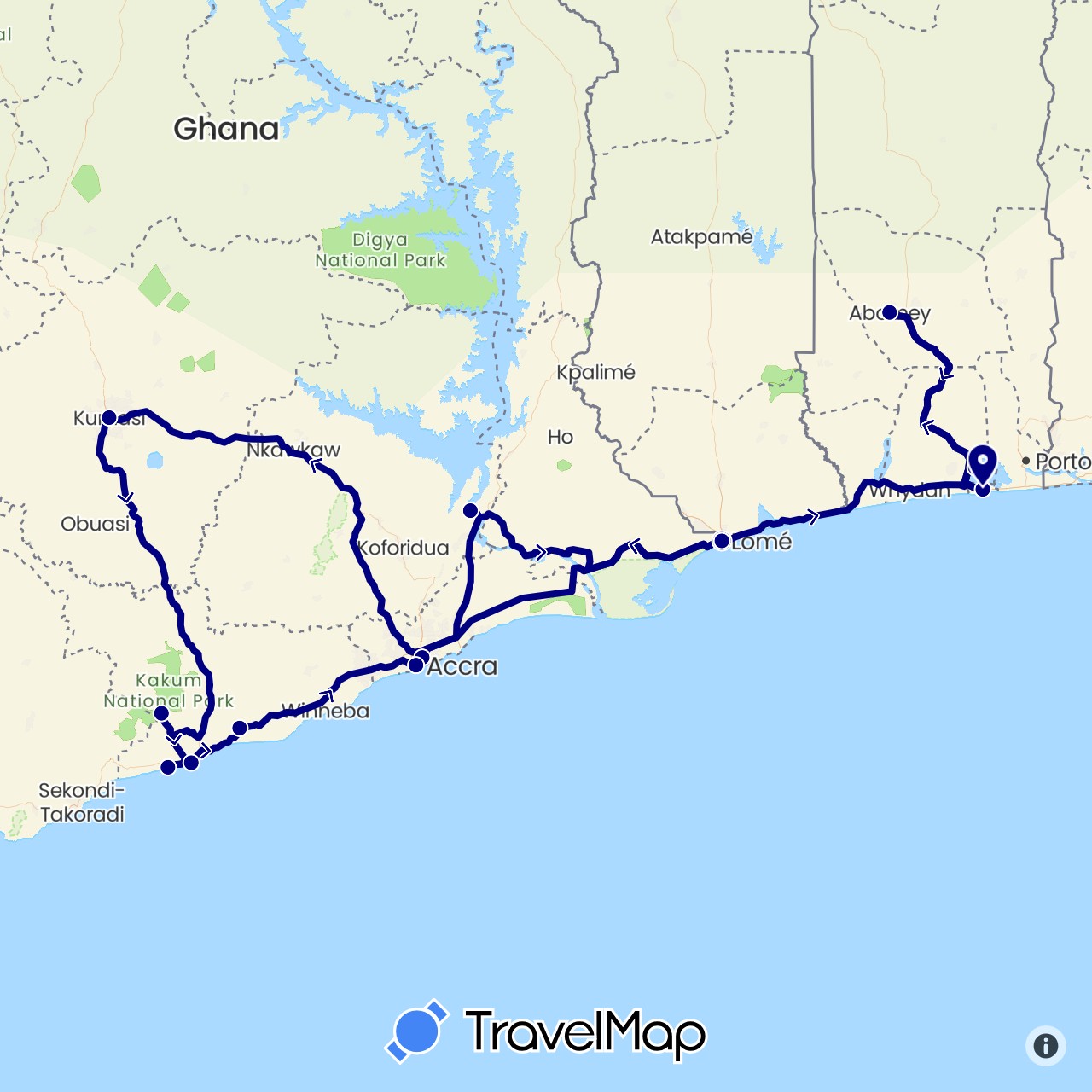 TravelMap itinerary: driving in Benin, Ghana, Togo (Africa)