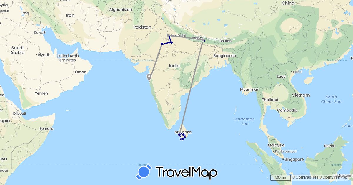 TravelMap itinerary: driving, plane in India, Sri Lanka, Nepal (Asia)