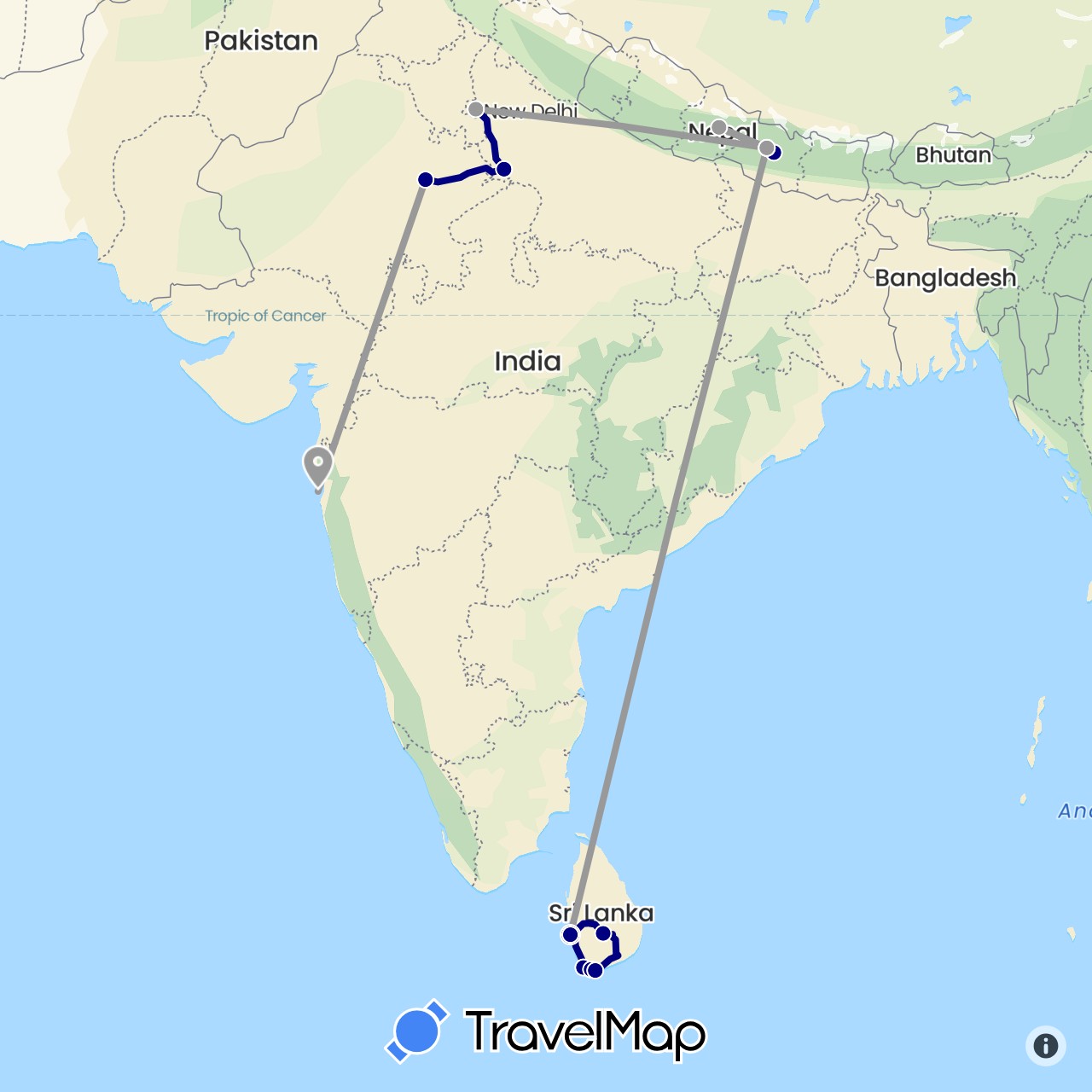 TravelMap itinerary: driving, plane in India, Sri Lanka, Nepal (Asia)