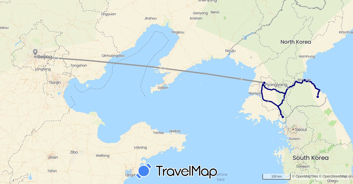 TravelMap itinerary: driving, plane in China, North Korea (Asia)