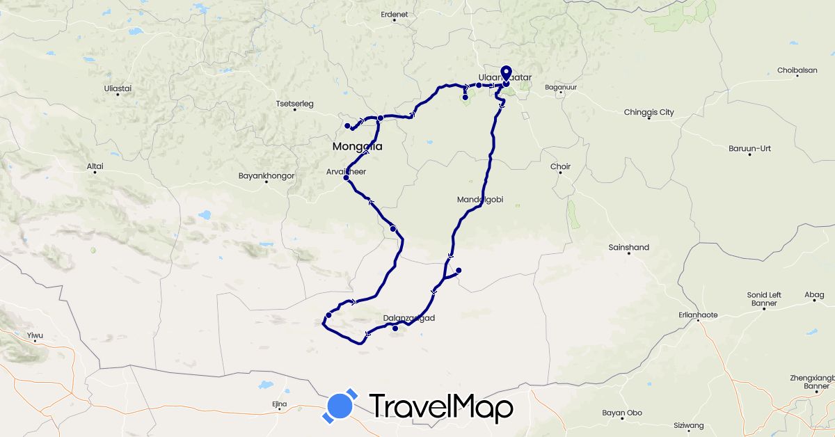 TravelMap itinerary: driving in Mongolia (Asia)