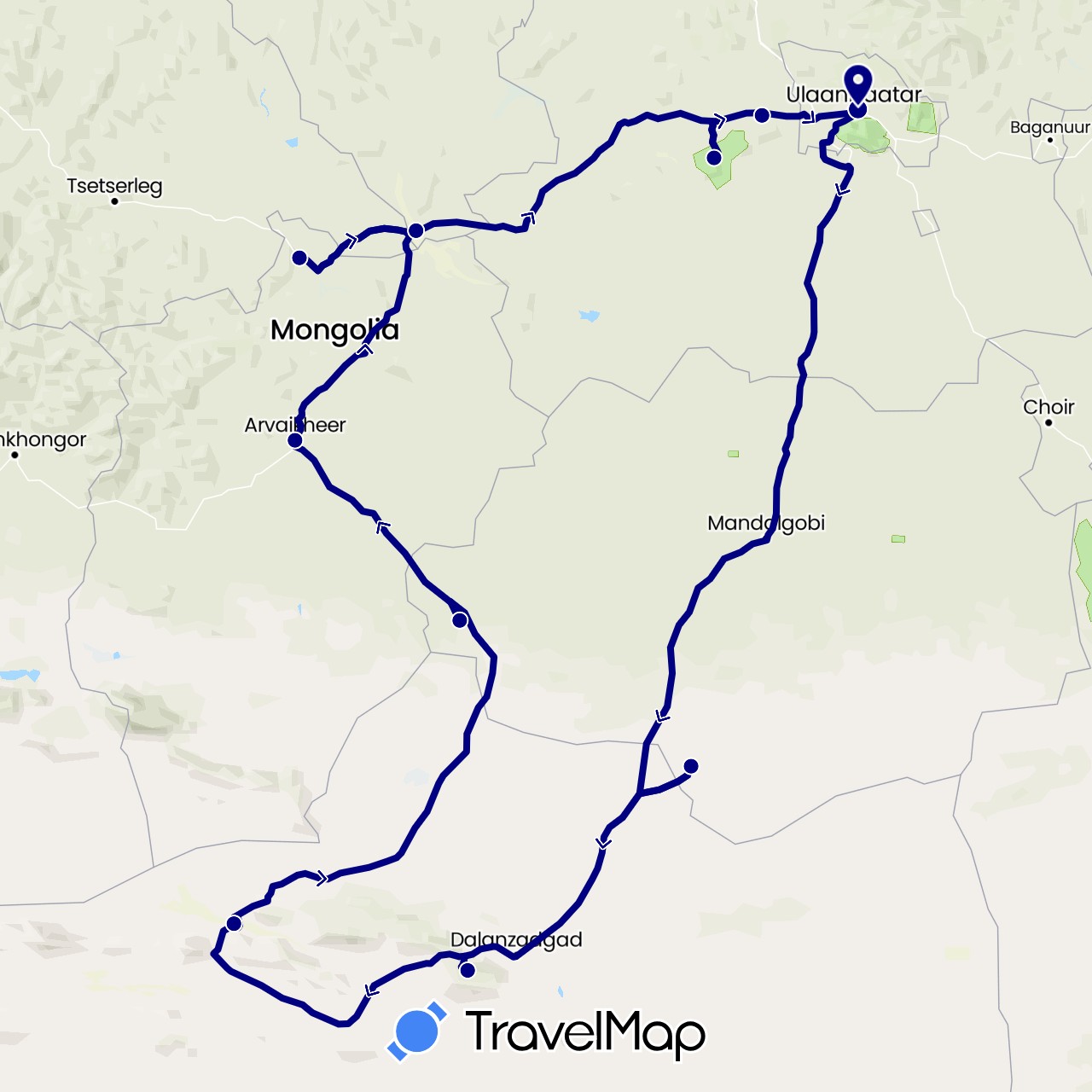 TravelMap itinerary: driving in Mongolia (Asia)