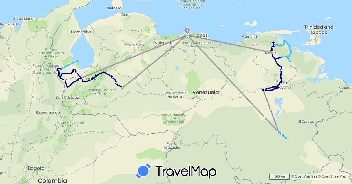 TravelMap itinerary: driving, plane, boat in Venezuela (South America)