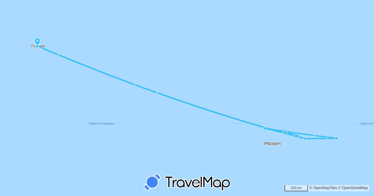 TravelMap itinerary: driving, boat in France, Pitcairn Islands (Europe, Oceania)