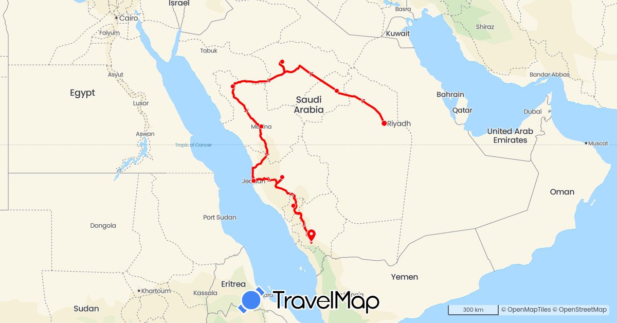 TravelMap itinerary: plane, drive in Saudi Arabia (Asia)