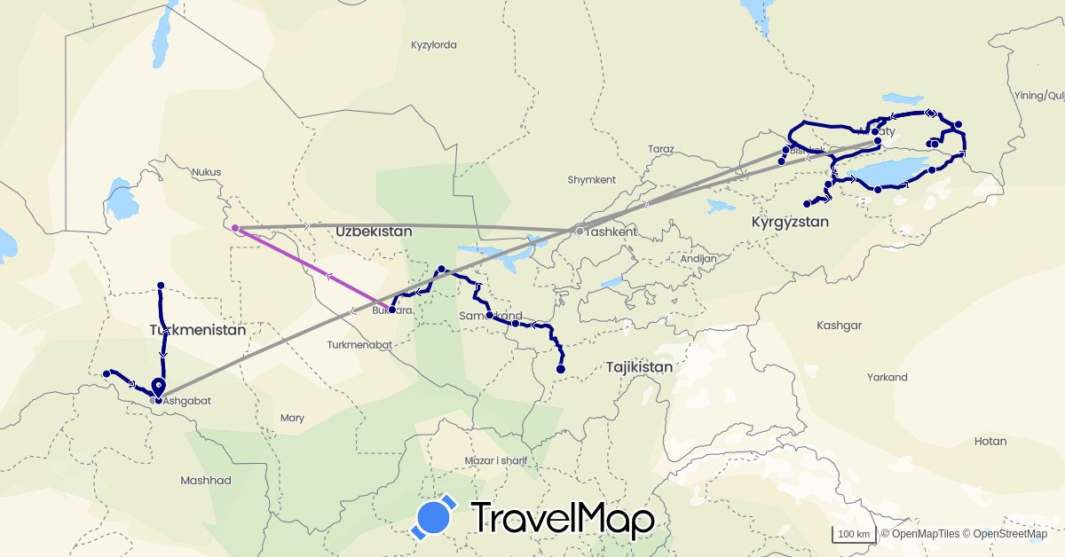 TravelMap itinerary: driving, plane, train in Kyrgyzstan, Kazakhstan, Tajikistan, Turkmenistan, Uzbekistan (Asia)