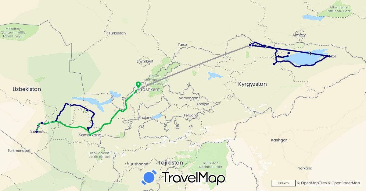 TravelMap itinerary: driving, bus, plane in Kyrgyzstan, Uzbekistan (Asia)