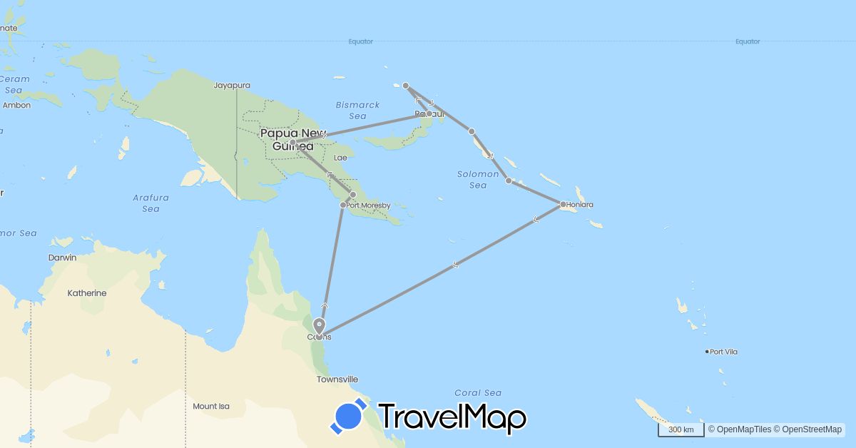 TravelMap itinerary: driving, plane in Australia, Papua New Guinea, Solomon Islands (Oceania)