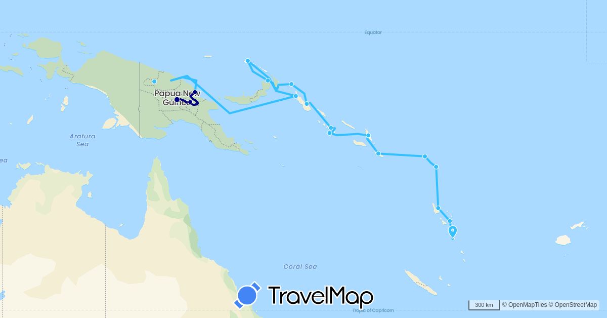 TravelMap itinerary: driving, boat in Papua New Guinea, Solomon Islands, Vanuatu (Oceania)