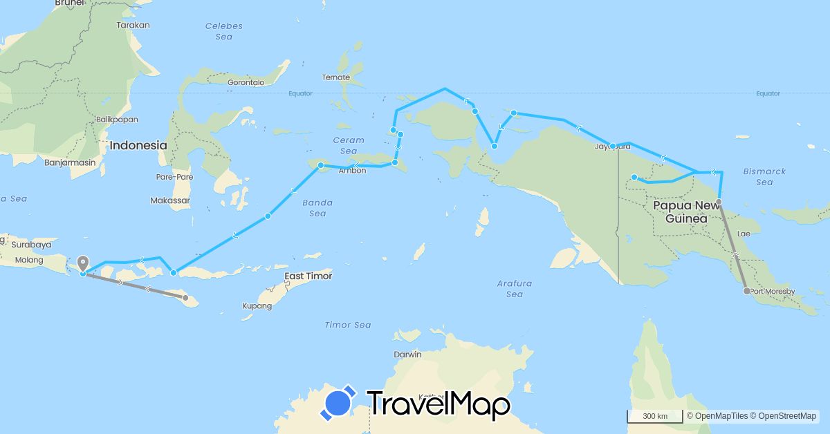 TravelMap itinerary: driving, plane, boat in Indonesia, Papua New Guinea (Asia, Oceania)