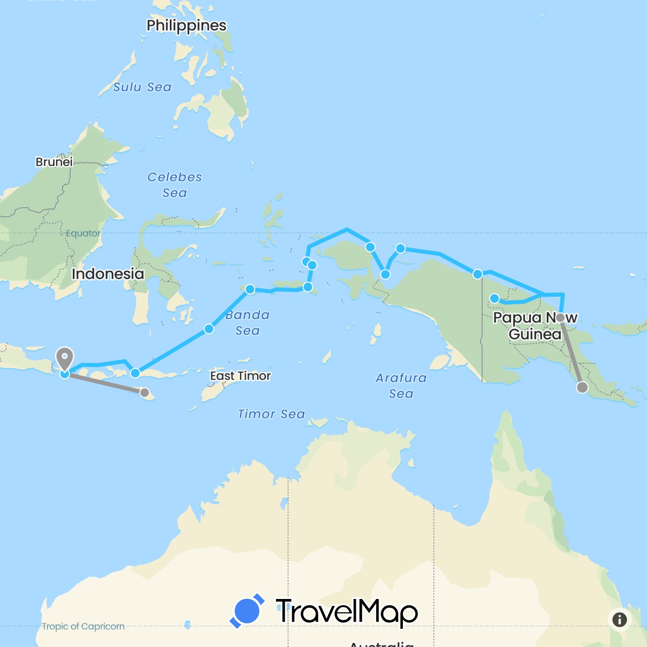 TravelMap itinerary: driving, plane, boat in Indonesia, Papua New Guinea (Asia, Oceania)