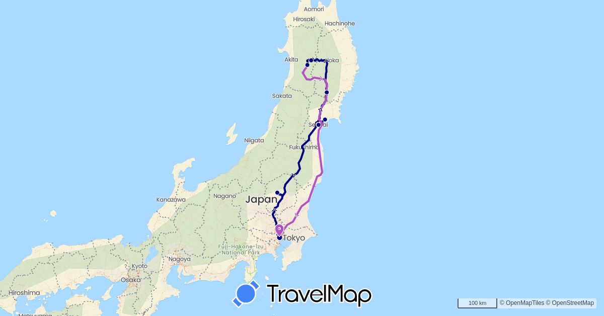 TravelMap itinerary: driving, train in Japan (Asia)