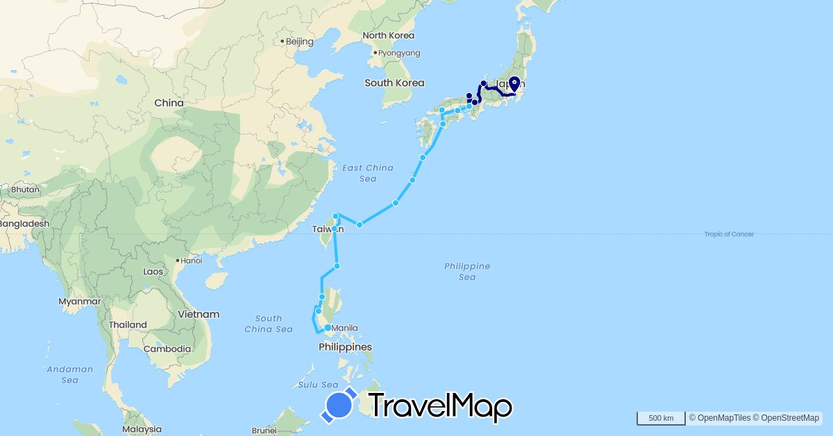 TravelMap itinerary: driving, boat in Japan, Philippines, Taiwan (Asia)