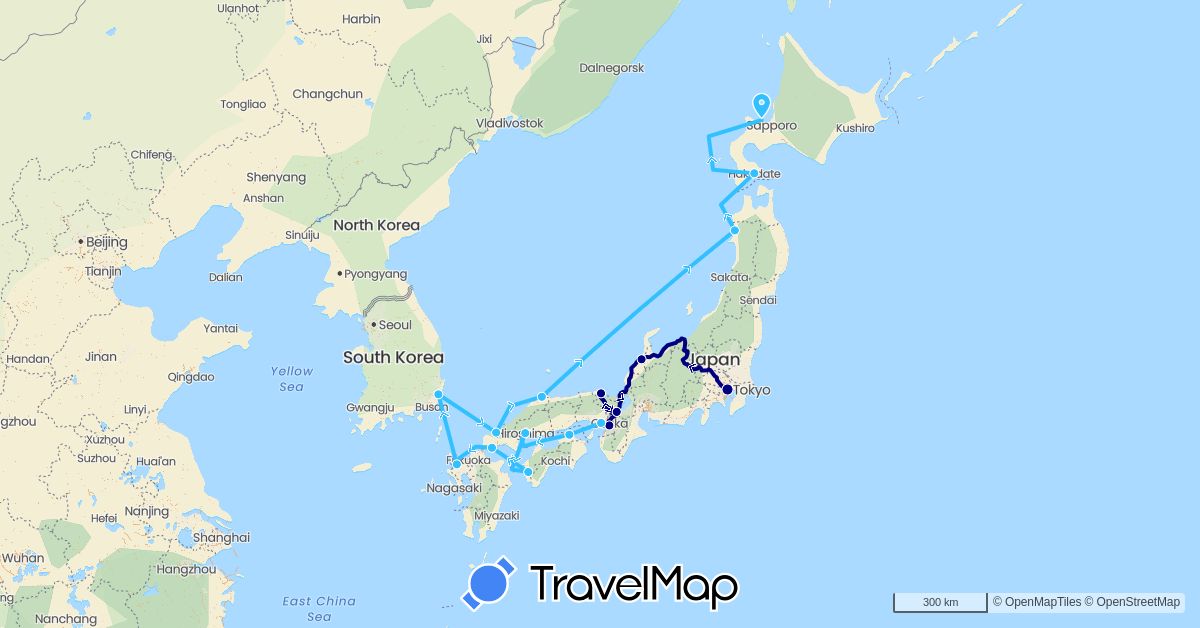 TravelMap itinerary: driving, boat in Japan, South Korea (Asia)
