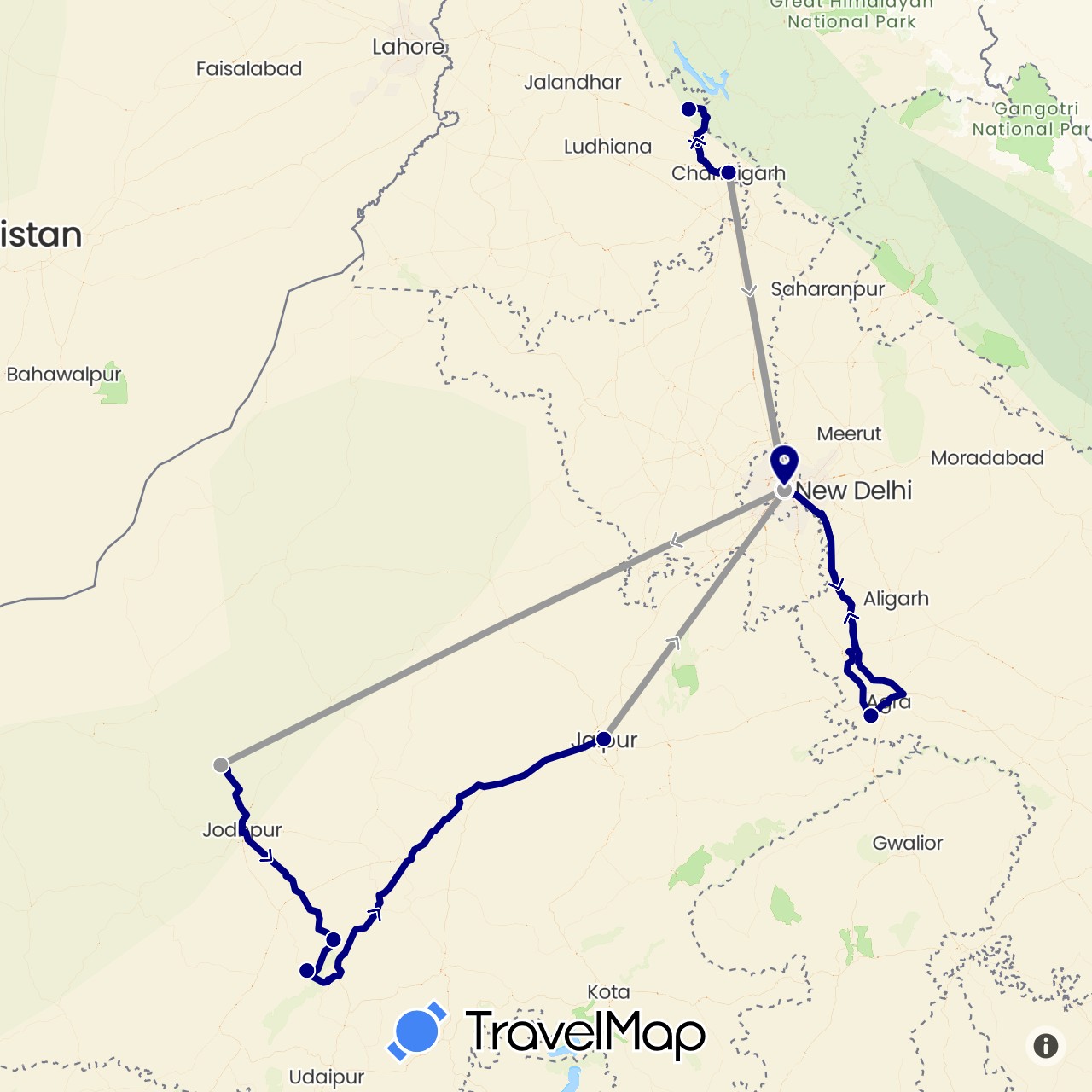TravelMap itinerary: driving, plane in India (Asia)