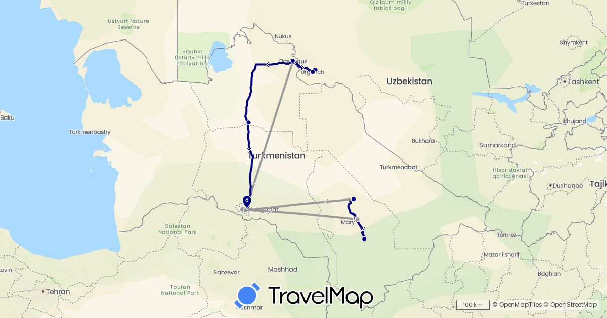 TravelMap itinerary: driving, plane in Turkmenistan, Uzbekistan (Asia)