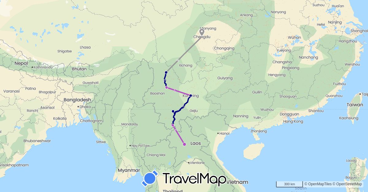 TravelMap itinerary: driving, plane, train in China, Laos (Asia)