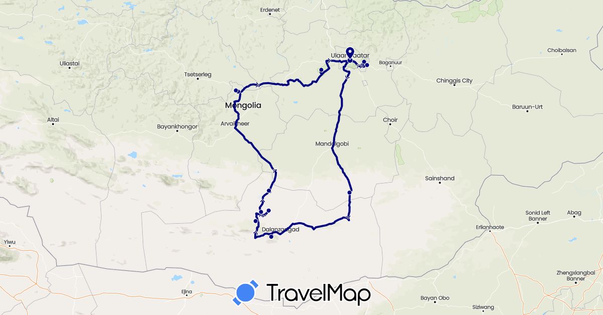 TravelMap itinerary: driving in Mongolia (Asia)