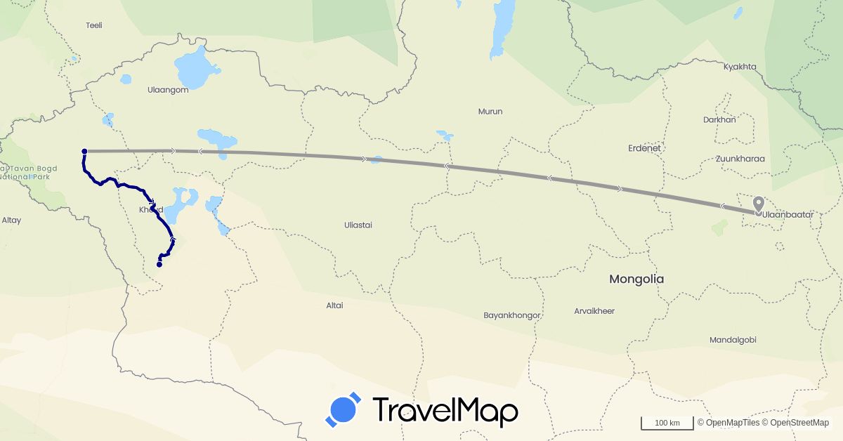 TravelMap itinerary: driving, plane in Mongolia (Asia)