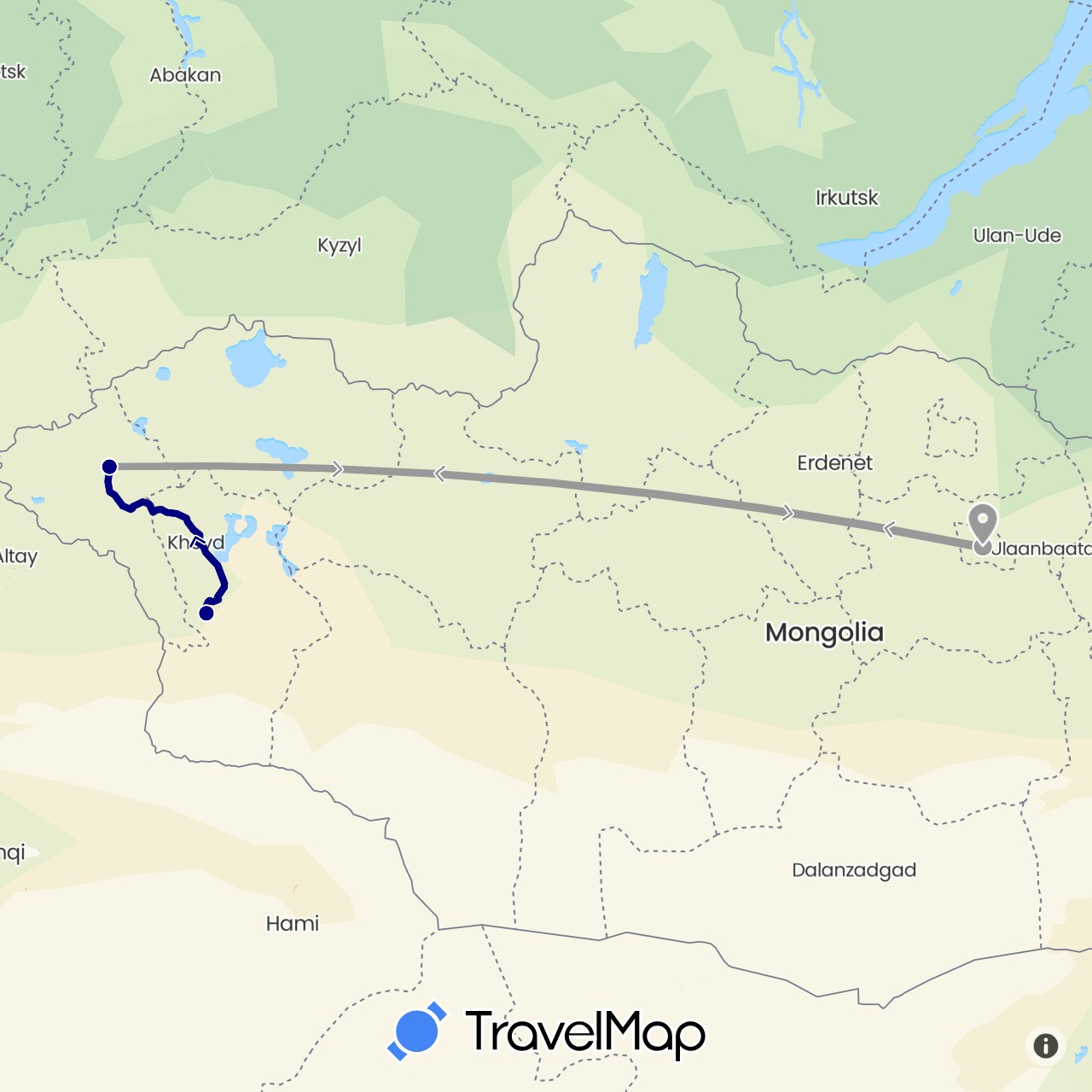 TravelMap itinerary: driving, plane in Mongolia (Asia)