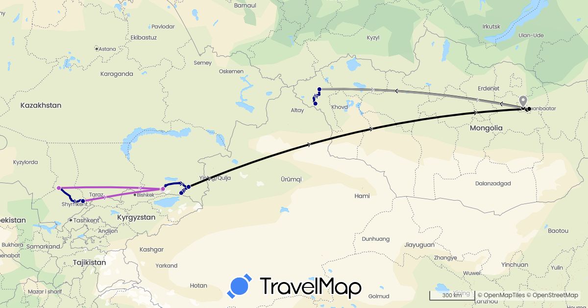 TravelMap itinerary: driving, plane, train, flight in Kazakhstan, Mongolia (Asia)