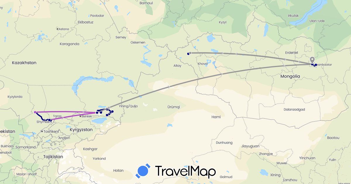 TravelMap itinerary: driving, plane, train in Kazakhstan, Mongolia (Asia)